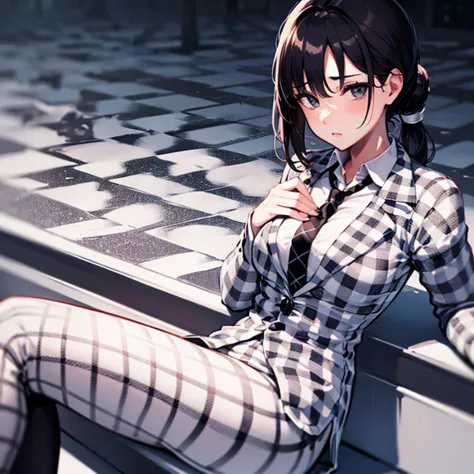 girl in white checkered suit black leggings with neck tie looking at viewer black pony tail solo