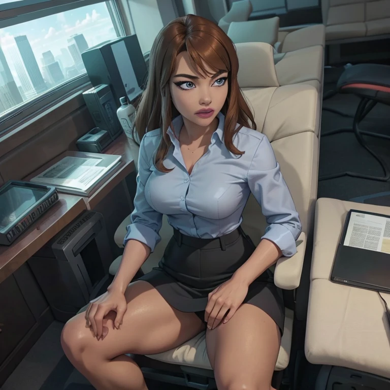 (masterpiece, high quality) woman, formal business suit, shirt, pants, solo , looking at viewer, perfect face, suits tan, tan colour, white shirt,sexy breasts,fit super model body, fit_business_suit s, crystal blue eyes, eyelashes, makeup, skyscraper, full body, she is the boss, ultra quality 4k, super confident, sit like the boss, [From Below, Looking Up][Modern Office Setting] tan colour office suits , flirting grey tight skirt,