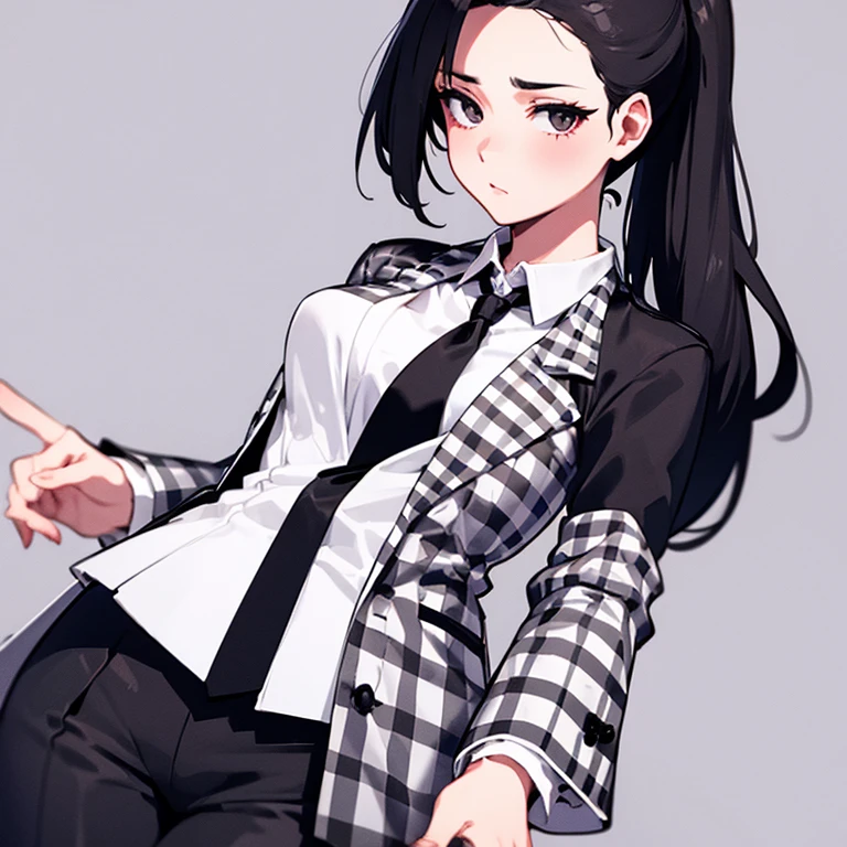 Girl in (white checkered suit) (black leggings) with neck tie looking at viewer black pony tail solo