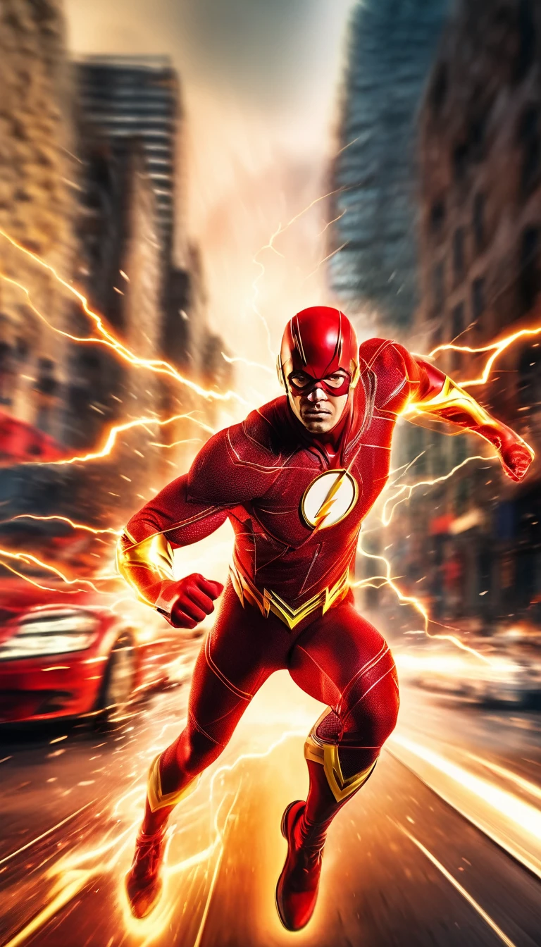 (best quality,4k,8k,highres,masterpiece:1.2),ultra-detailed,(realistic,photorealistic,photo-realistic:1.37),motion blur,DC's Flash,running fast,speed,blur,superhero,red suit, lightning effect, vibrant colors, intense energy, dust particles, dynamic pose, determined expression, lightning bolt, superhero emblem, dynamic action, power, strength, agility, intense focus, wind-blown hair, streaks of light, electrifying background, light trails, superheroic motion, streaking across the city, adrenaline-filled scene