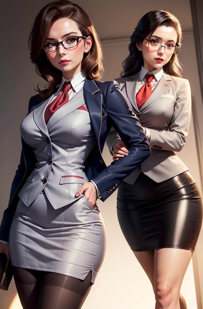 1 female, Elizabeth Comstock, smug, Predominant, Skirt suit, (((3-piece-suit))), tie, suit, ((suit)), ((Vest)), double-breasted Vest, tight skirt, Pencil Skirt, tie夹, pocket square, pocket watch, Pantyhose, High heel, Glasses, cosmetic, Lipstick