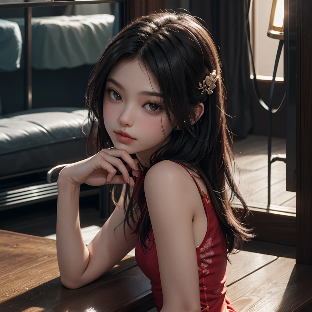 (wearing a Qipao with low-cut V-neck and irregular ruching, High-waisted shorts, bare legs, Pumps with stiletto heel and studs,:1.3) head and full body, Extremely cute eighteen year old human girl., bare legs,Long purple wavy hair., very beautiful and feminine, short, beautiful breasts, big ones, busty buttocks, big bust, pechos big ones, bare legs, bare legs, cleavage display, flat belly display, detailed eyes, detailed nose, super detailed on face, partial accessory with ear stud, very elegant, award-winning product design, socks, bare legs, The shiny upper chest opens at the neckline and abdomen., elegant, shiny ornaments, atmospheric perspective, 8k, super detail, necessary, Best Quality,