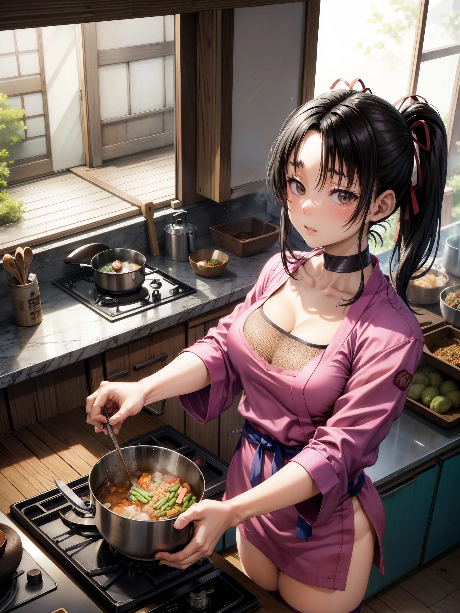 Anime girl cooking in a kitchen with a pot of food - SeaArt AI