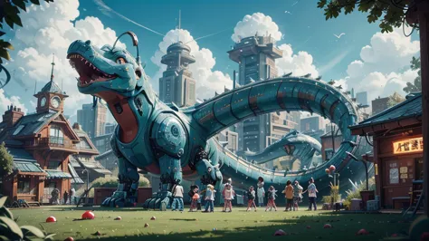 sci-fi future children&#39;s park，乐园里have非常多的中国儿童，lots of children on the grass，holding a balloon in hand，have许多可爱的，have：robot d...