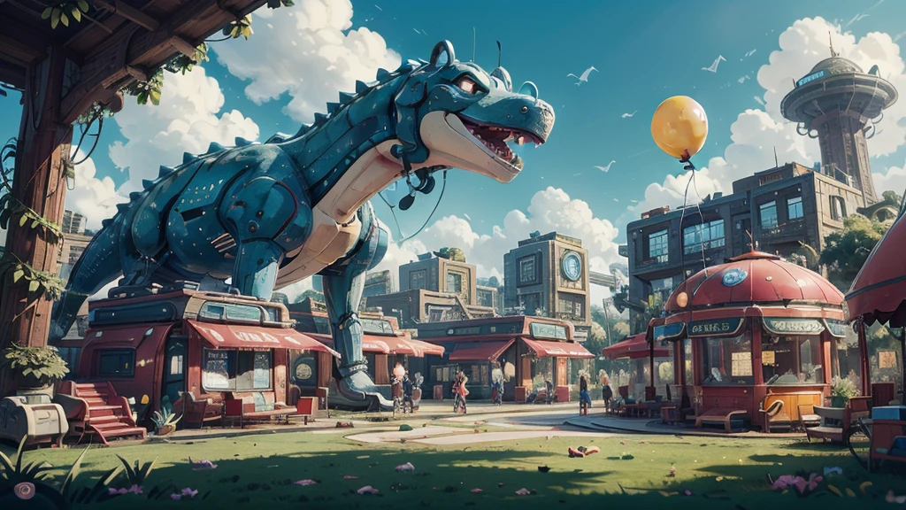 Sci-fi Future Children&#39;s Park，乐园里have非常多的中国儿童，Lots of children on the grass，Holding a balloon in hand，have许多可爱的，have：Robot Dinosaur，Robot Bear，Robotic whales，Slides、The buildings in the children&#39;s park are all technological and digital，远处have摩天轮，Roller coaster，天空中have热气球，Blue sky and white cloud bird，Exquisite，bright，Clarity，