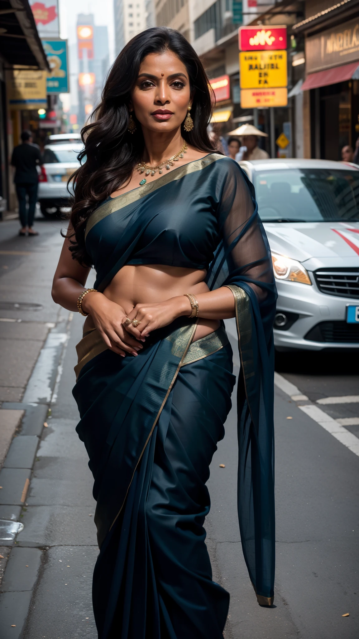 A woman in a sari walking down a street - SeaArt AI