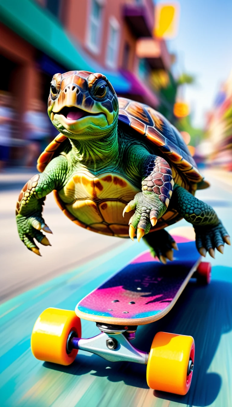 (realistic:1.2),(abstract:1.1),(motion blur:1.3),(fast and crazy ride),(turtle on a skateboard),(motion blur background),(blur shows the speed at which the turtle on the skateboard moves),(vivid colors),(dynamic composition),(expressive brushstrokes), motion blured lines, Immersive motion blured background,