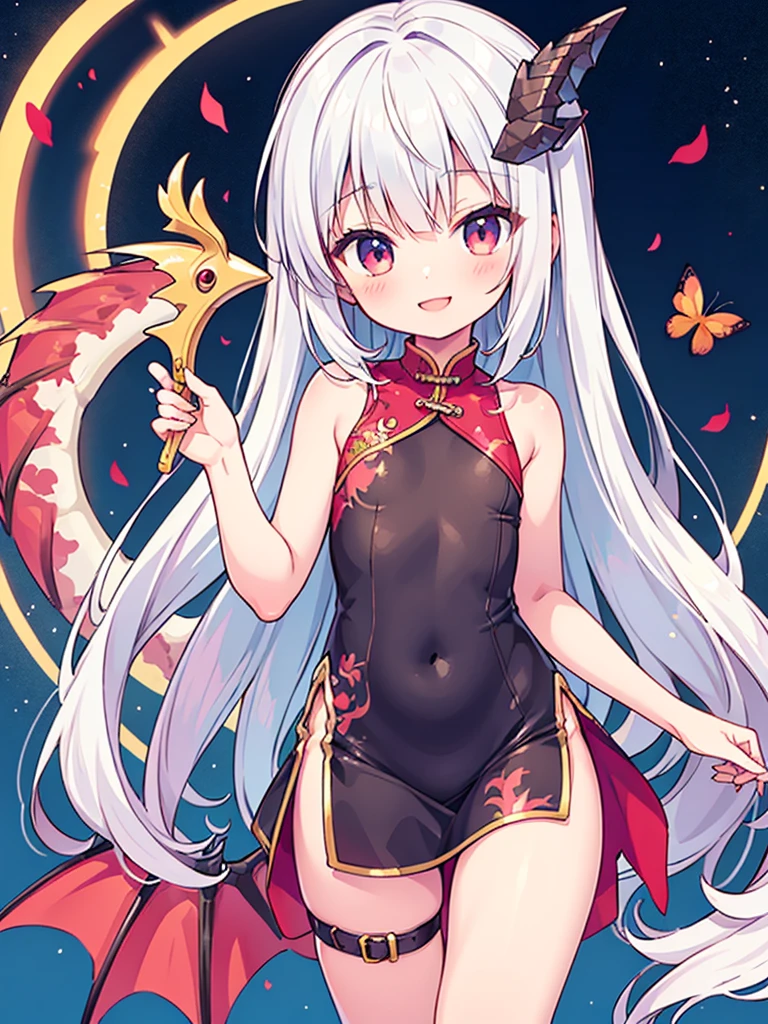 anime style,flat chest shota,kawaiI small little shota,oriental dragon shota,oriental dragon horn and tail,long hair,white hair,messy hair,zip slit red bodycon Cheongsam dress,Lace up on flank,smiling,