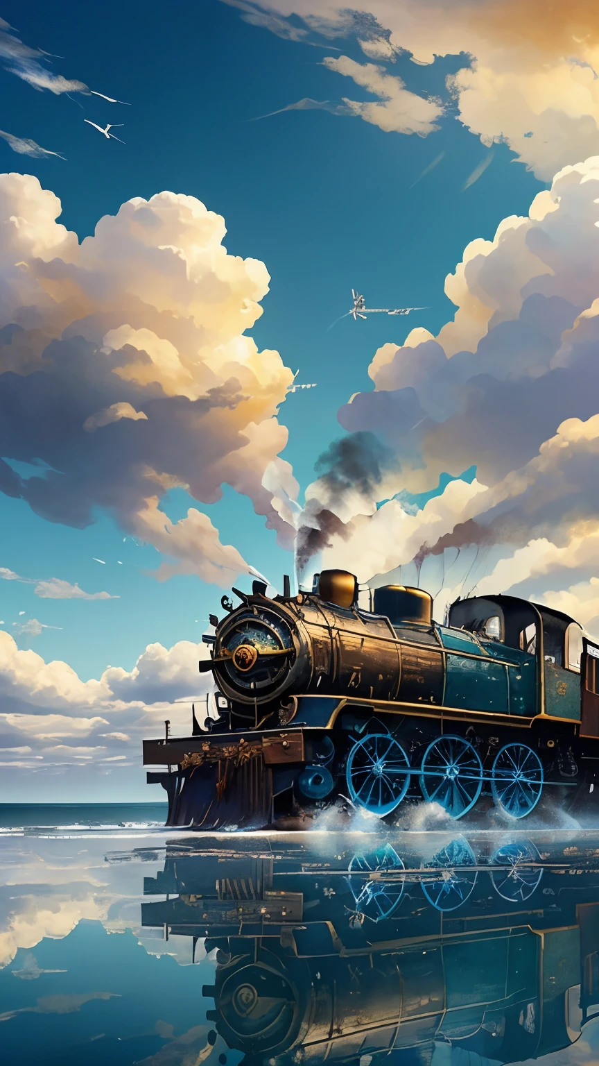 steampunk。Uma locomotiva a vapor correndo em um mar calmo e espelhado。céu azul e nuvens brancas。