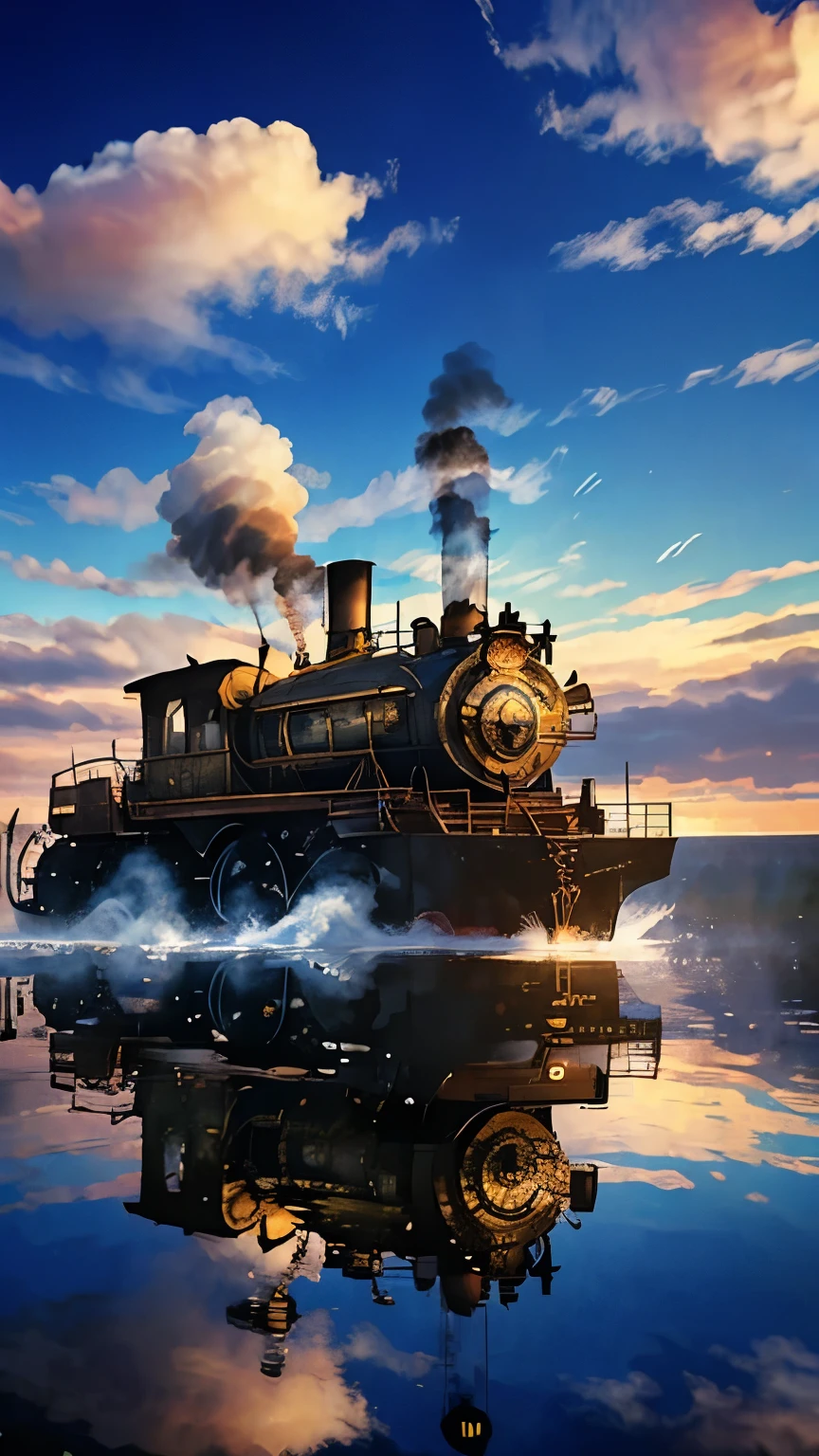 steampunk。Uma locomotiva a vapor correndo em um mar calmo e espelhado。céu azul e nuvens brancas。