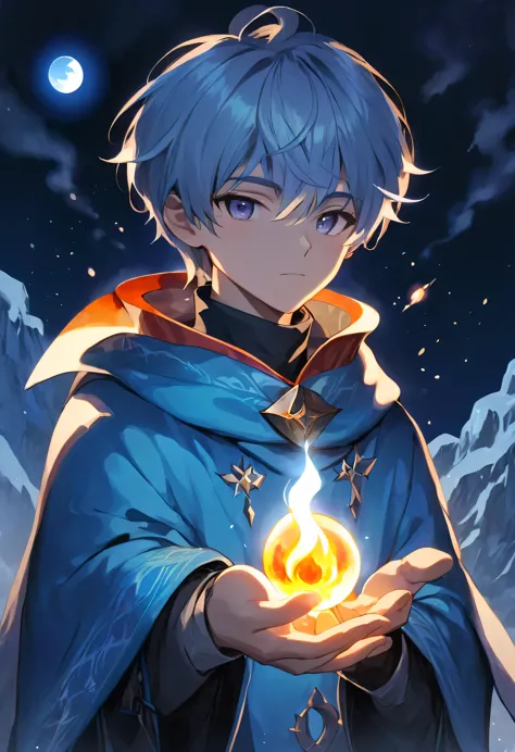 a 20 year old boy holding a fire element on his hand . he wear sorcerer's mantle. the atmosphere is icy winter with moon and sta...