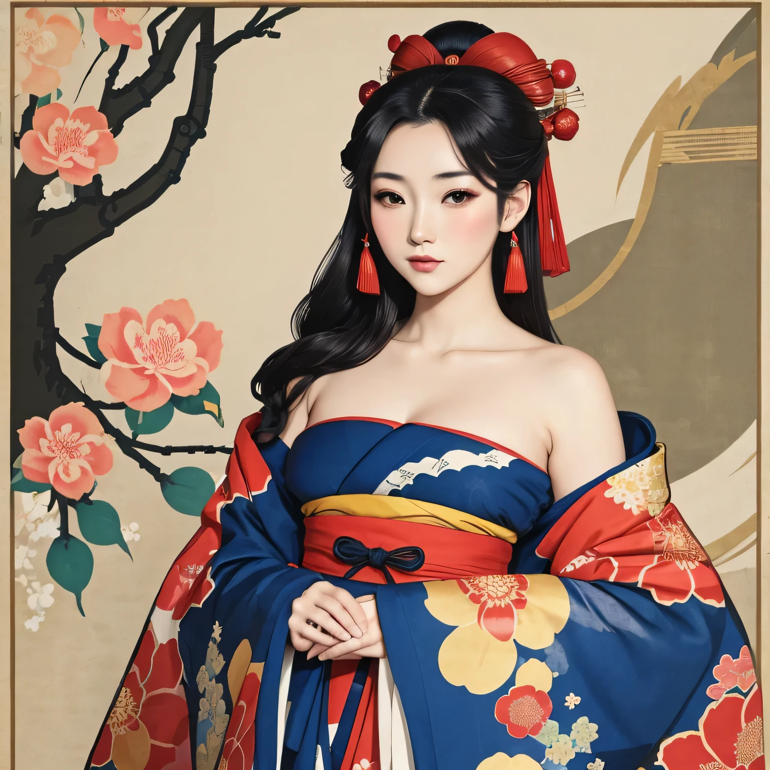 Art vintage japonais, Conception de t-shirts, art vectoriel, art plat:1,4. \\ (japonaise, en kimono, best quality, Art officiel, Beaucoup de couleurs, couleurs du japon, ukiyo-e, couleurs, printemps , bare shoulders, belles formes,: 1.2