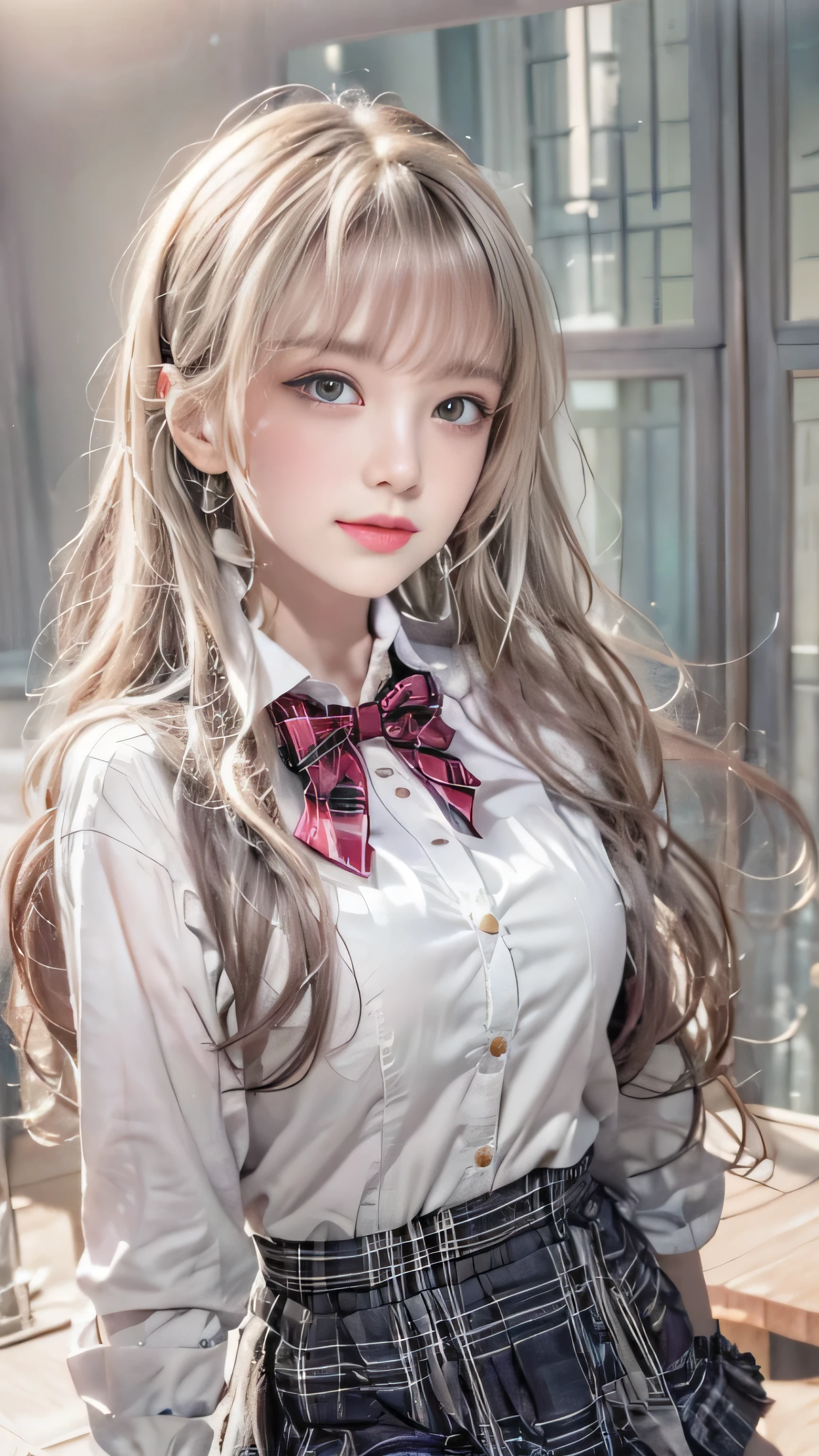 Realistic, High resolution, Soft Light,1 female, alone, jewelry, Current school classroom，Biggest eyes，Low chest, Long Hair、((color々hair with color)）(Super realistic)、(Awareness-raising)、(High resolution)、(8k)、(very get used to it)、(Best illustrations)、(Beautiful and beautiful eyes)、(highest quality),（Detailed face）、alone、1 girl、Looking at the audience、Get used to it、Detailed face、In the dark night、Deep Shadow、secret key、Pure erotic face ace_、length、Black shawl straight hair、46 point diagonal bangs,Female student、(White Blazer、Chest Emblem)、Translucent white blouse、Red bow tie、( In bright colors,Plaid)、,8k, highest quality, 超High resolution, Tabletop, Realistic, Realistic, High Contrast, Photon Mapping, The real picture, smile