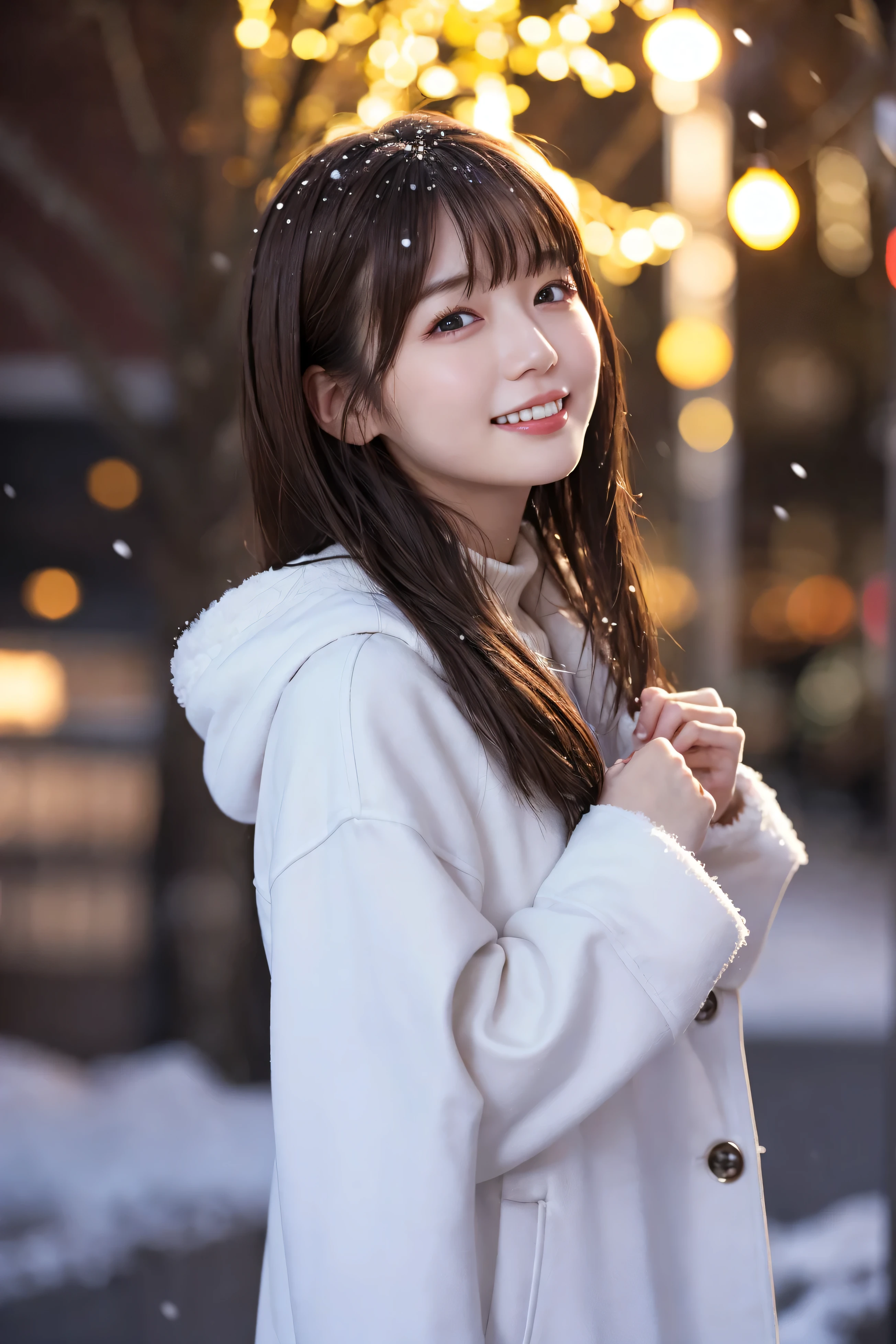 1 girl, (wear a platinum coat:1.2), (RAW Photos, highest quality), (Realistic, Photorealistic:1.4), Tabletop, Very delicate and beautiful, Very detailed, 2k wallpaper, wonderful, finely, very detailed CG Unity 8k wallpaper, Very detailed, High resolution, Soft Light, Beautiful detailed girl, Very detailed目と顔, Beautiful and detailed nose, finely beautiful eyes, Cinema Lighting, Illuminations that light up the city on a snowy night, Snow Scene, that&#39;it&#39;s snowing, snow fell in my hair, Perfect Anatomy, Slender body, Was nervous, 
Straight semi-long hair, bangs, Looking at the audience, smile、fluffy muffler、