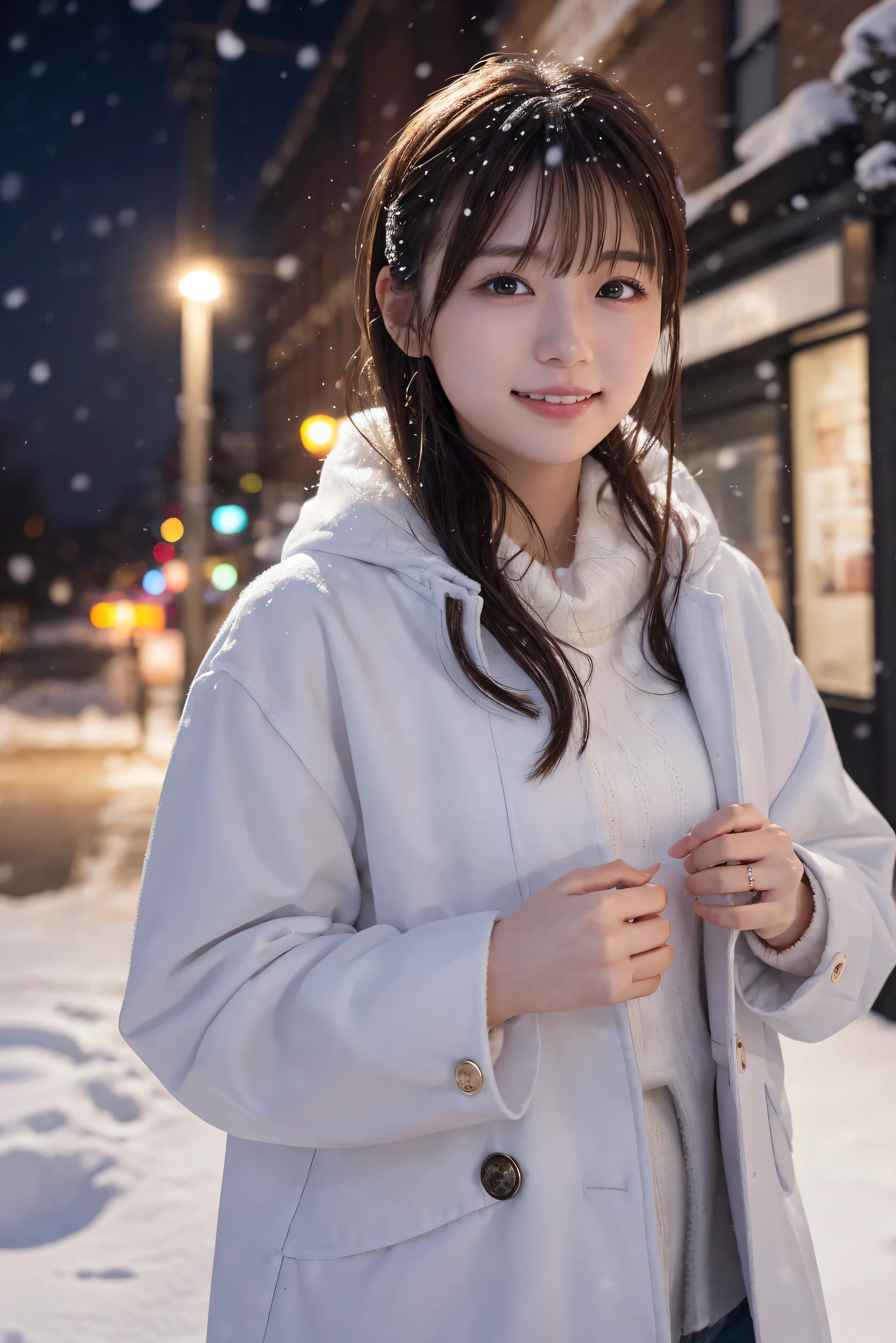 1 girl, (wear a platinum coat:1.2), (RAW Photos, highest quality), (Realistic, Photorealistic:1.4), Tabletop, Very delicate and beautiful, Very detailed, 2k wallpaper, wonderful, finely, very detailed CG Unity 8k wallpaper, Very detailed, High resolution, Soft Light, Beautiful detailed girl, Very detailed目と顔, Beautiful and detailed nose, finely beautiful eyes, Cinema Lighting, Illuminations that light up the city on a snowy night, Snow Scene, that&#39;it&#39;s snowing, snow fell in my hair, Perfect Anatomy, Slender body, Was nervous, 
Straight semi-long hair, bangs, Looking at the audience, smile、fluffy muffler、