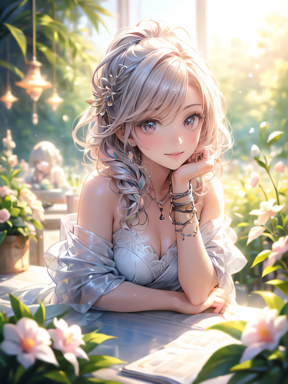 ((cute girl happily indulging in a wide variety of sweets on table)), with a joyful expression on her face, in a garden full of blooming flowers. (best quality,4k,8k,highres,masterpiece:1.2), ultra-detailed:1.2, (realistic,photorealistic,photo-realistic:1.37) illustration, vibrant colors, soft natural lighting, mouth-watering treats, colorful dessert table, exquisite cake displays, delectable pastries, tempting chocolates, scrumptious ice cream, delicious macarons, sweet aroma filling the air, whimsical garden setting.