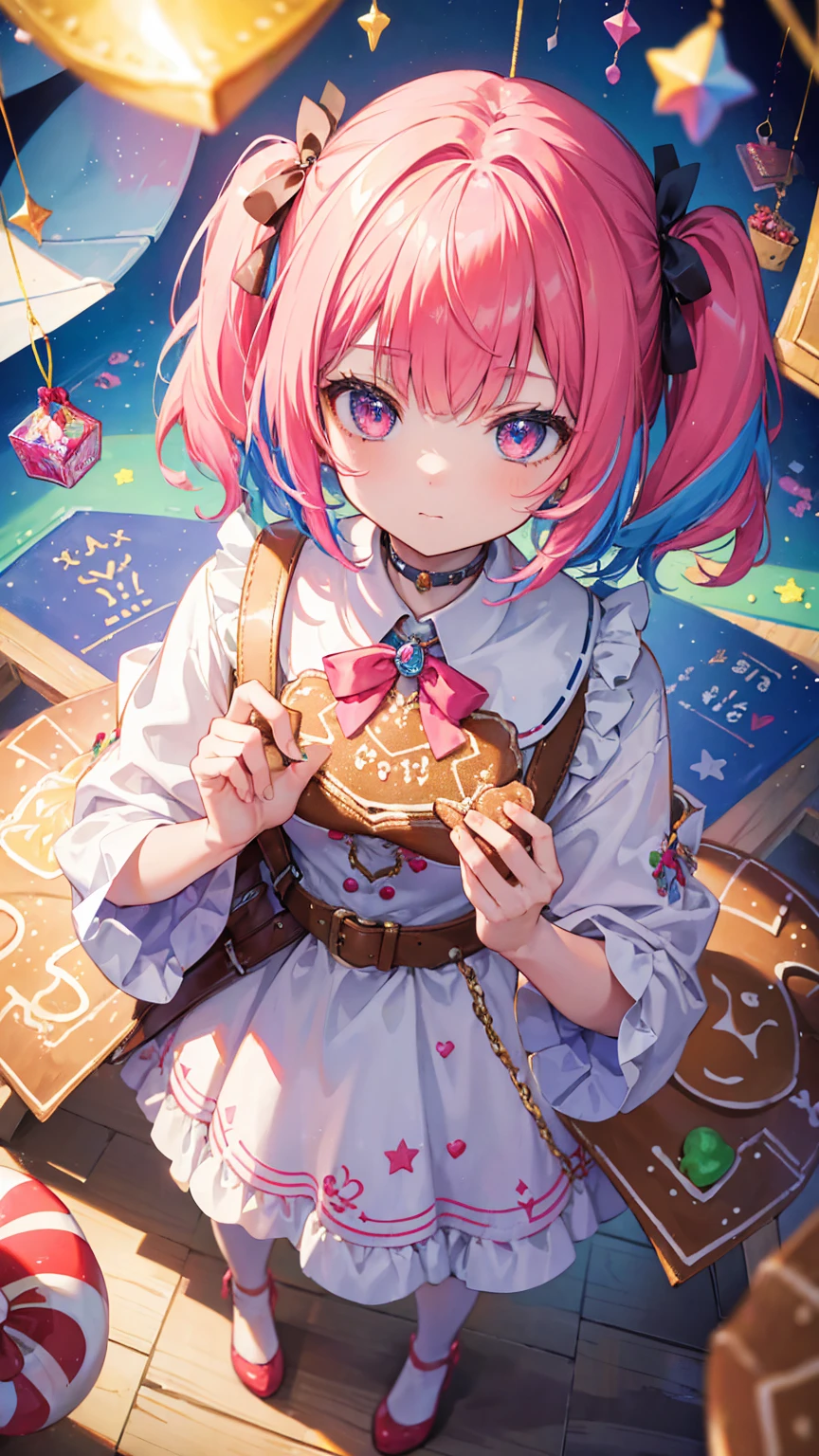 (masterpiece, best quality), (colorful:1.4), from above, solo, 1girl standing in a gingerbread house with candy decorations and a bag of magical spells, depth of field, fisheye lens
