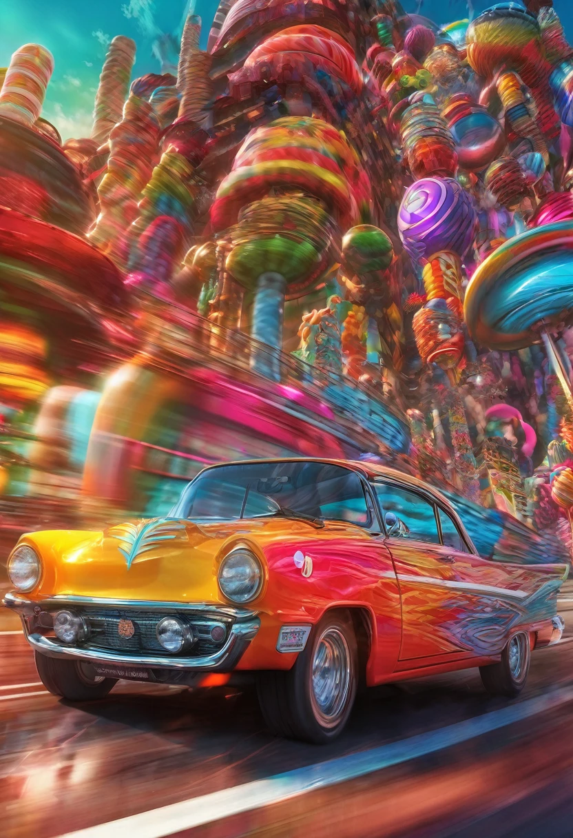 (Motion Blur:1.5), A happy granny in a vintage drag racing car speeding down the race track!. Fast and furious.  A_breathtaking masterpiece artwork by Android Jones, Alberto Seveso, Erin Hanson. maximalist highly detailed and intricate professional photography, a_masterpiece, 8k resolution concept art, Artstation, festive colors, Unreal Engine 5, cgsociety octane photograph, race track Scene!!! Candy art style! Whimsical playful colorful! candy!!! 🍬🍭 Candyland art!! “Hyperrealistic hyperdetailed highly detailed, digital illustration” postmodernism, artstation, poster art, dynamic lighting, cel-shaded, ray tracing reflections