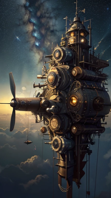 (((Obra de arte))), (((alta resolução))), imagem de fundo, Céu estrelado, steampunk, Edifício flutuante, (grandes hélices), rodas motrizes