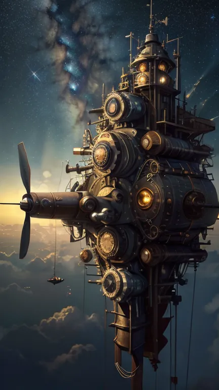 (((Masterpiece))), (((high resolution))), Background picture, starry sky, steampunk, floating building, (large propellers), driv...