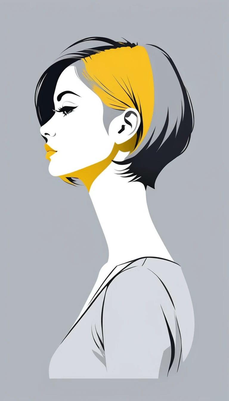 perfil de mujer de medio cuerpo, cabello corto, vector, colores planos,  Ilustración minimalista, blanco, gris, amarillo. Por DL ⭕