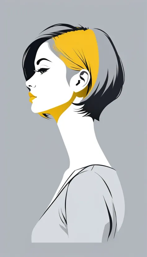 halfbody woman profile, short hair, vector, flat colors,  minimalist illustration, white, gray, yellow. by dl ⭕