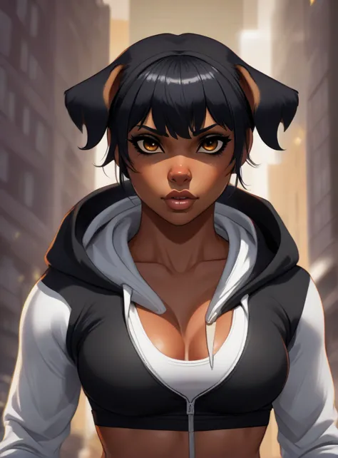 Cinematic close-up, strong posture, intimidating expression, An anthropomorphic female rottweiler, wearing right black yoga pant...