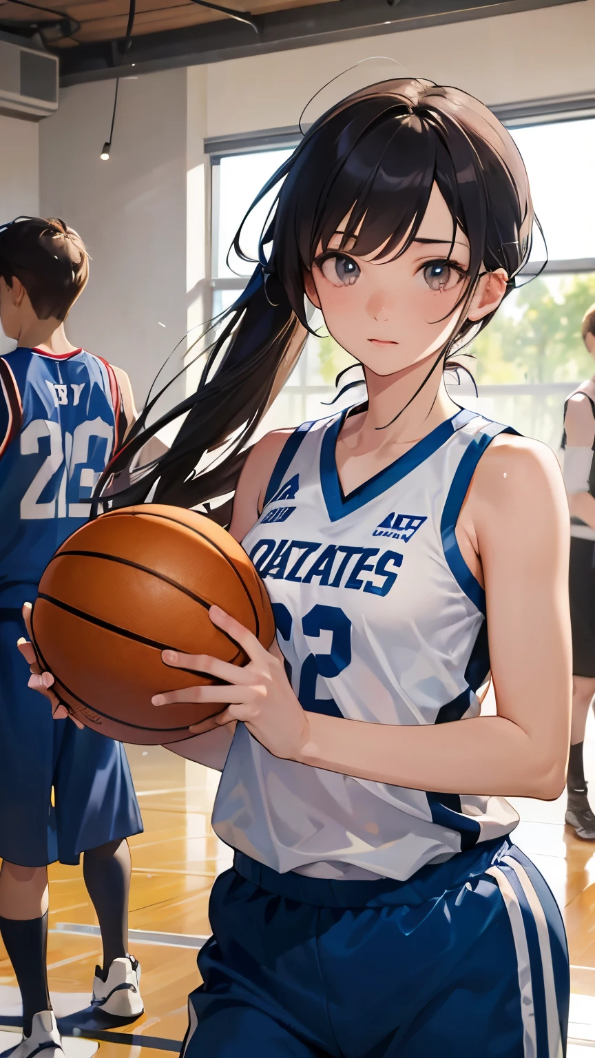 ((Best quality, 8k, Masterpiece: 1.3)), Highly detailed face and skin texture, Detailed eyes, textured skin, highres, Basketball player, competing with players of the enemy team, sweaty, long hair, black hair, messy hair, Two basketball players touching shoulders, (2 girls)