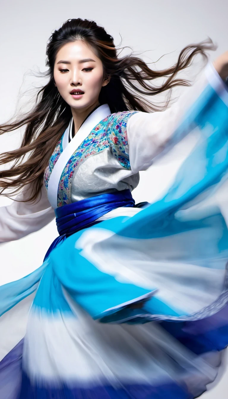 in style of Street photography, beautiful detailed，Motion blur, black and white close up, white background, a woman in an intricate and colorful hanbok dress, spinning frantically, translucent stinging air particles on the hem of the dress, professional fashion photography, super macro, unusually rich and super detailed texture of long wavy hair, poster style, minimalist , tilt shiStreet style, beautifully detailed, motion blur, black and white close-up, blue background, a woman in an intricate and colorful hanbok, spinning frantically, translucent tingling air particles on the hem of her dress, professional fashion photography, super macro, long wavy hair with unusually rich and super-detailed textures, poster style, minimalist, tilted movement of hands and face, Nikon, Hasselblad, Canon, Fuji, 16Kft of hands and face, Nikon, Hasselblad, Canon, Fuji, 16K
