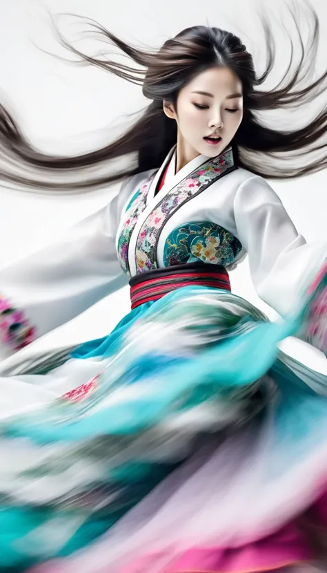 Motion blur, black and white close up, white background, a woman in an intricate and colorful hanbok dress, spinning frantically...