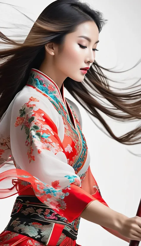 motion blur，motion blur, black and white close up, white background, (a beautiful girl in an intricate and colorful chinese dres...