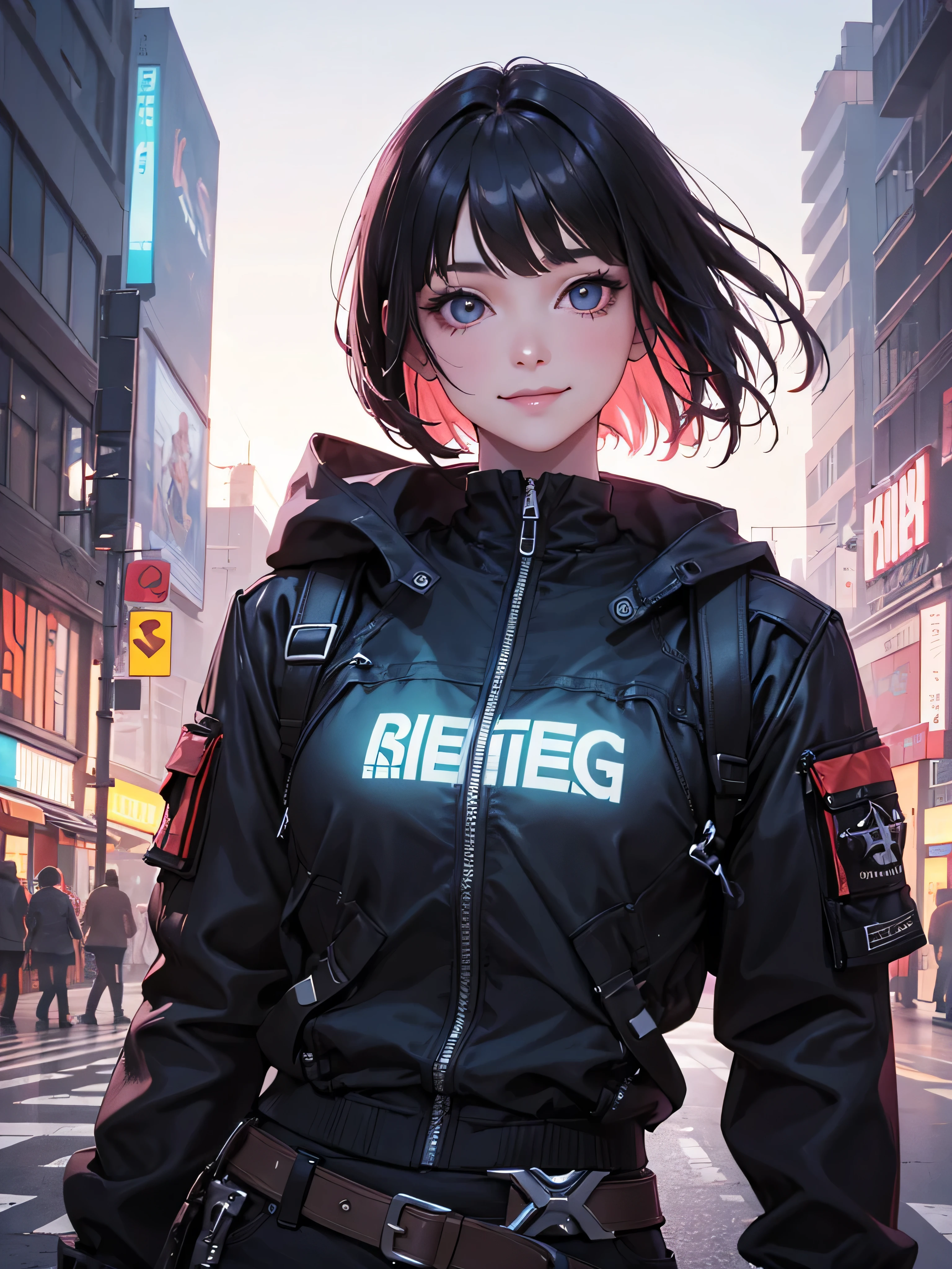 Punk girl with colorful bob cut, Smooth white skin, Innocent look, 15 years old, Ultra-high resolution, Ultra-high resolution, (Realistic:1.4), Cyberpunk Costume, Wink, A big smile, Neon lighting