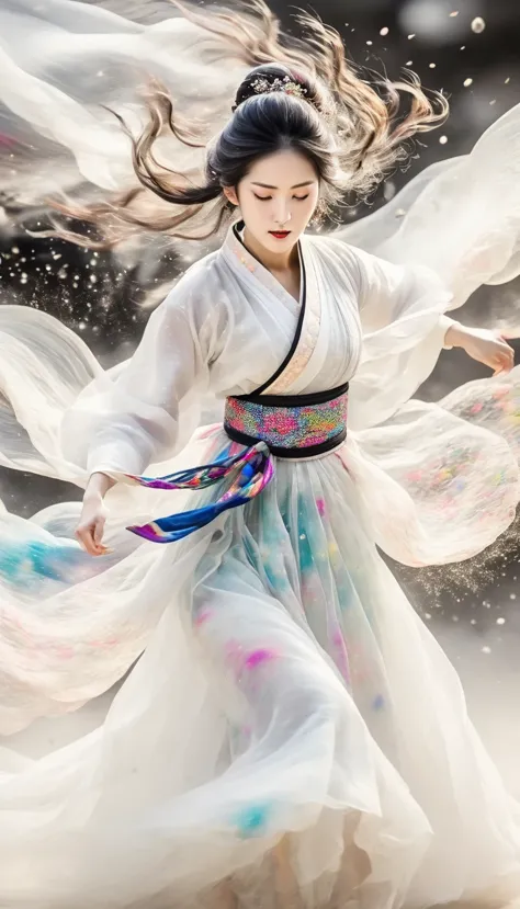 Motion blur, black and white close up, white background, a woman in an intricate and colorful hanbok dress with translucent stin...