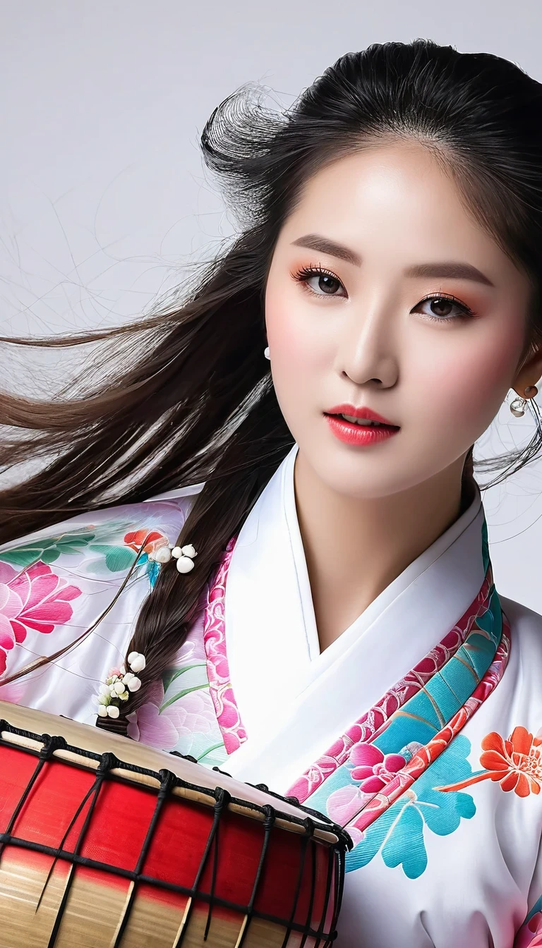 （모션 블러）,（흐릿한 모션 라인：1.3） ，검정색과 흰색 클로즈업, 흰 바탕, (복잡하고 화려한 한복을 입은 아름다운 소녀가 열정적으로 중국 북을 치고 있다: 1.3), 스커트 밑단의 반투명 휴면 공기 입자, 전문 패션 사진, 슈퍼 매크로, (유난히 긴 웨이브 머리가 휘날리며: 1.2), 매우 상세한 텍스처, 손과 얼굴의 기울어진 이동, 포스터 스타일, 미니멀리스트, 니콘, 핫셀블라드, 정경, 후지필름,16,000