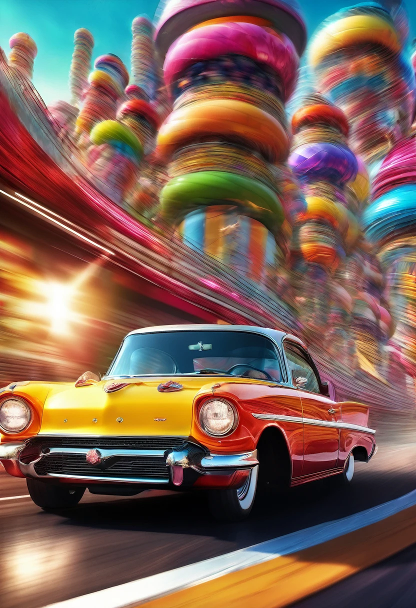 (運動模糊:1.5), A hAppy grAnny in A vintAge drAg rAcing cAr speeding down the rAce trAck!. FAst And furious.  A_breAthtAking mAsterpiece Artwork by Android Jones, 阿爾貝托·塞維索, Erin HAnson. mAximAlist highly detAiled And intricAte professionAl photogrAphy, A_mAsterpiece, 8k resolution concept Art, ArtstAtion, 節日色彩, UnreAl Engine 5, cgsociety octAne photogrAph, rAce trAck Scene!!! CAndy Art style! WhimsicAl plAyful colorful! cAndy!!! 🍬🍭 CAndylAnd Art!! “HyperreAlistic hyperdetAiled highly detAiled, digitAl illustrAtion” postmodernism, ArtstAtion, poster Art, dynAmic lighting, cel-shAded, rAy trAcing reflections