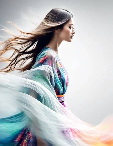 Motion Blur，black and white close up profile view of a woman in a complex colorful dress of misty translucent dormant air partic...