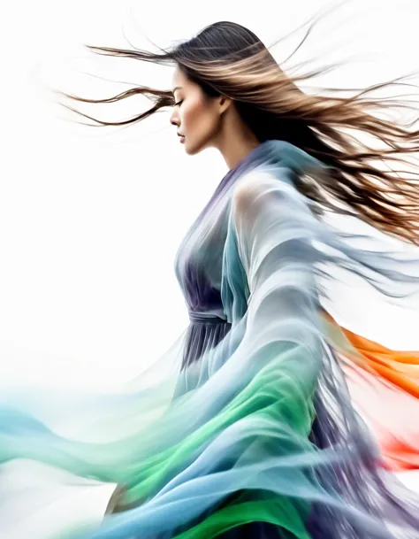 Motion Blur，black and white close up profile view of a woman in a complex colorful dress of misty translucent dormant air partic...