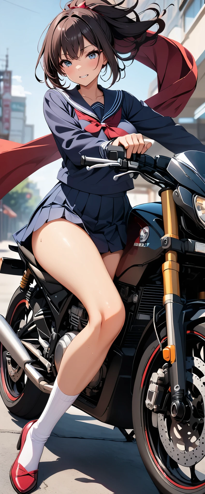 Anime girl in uniform riding a motorcycle on a city street - SeaArt AI