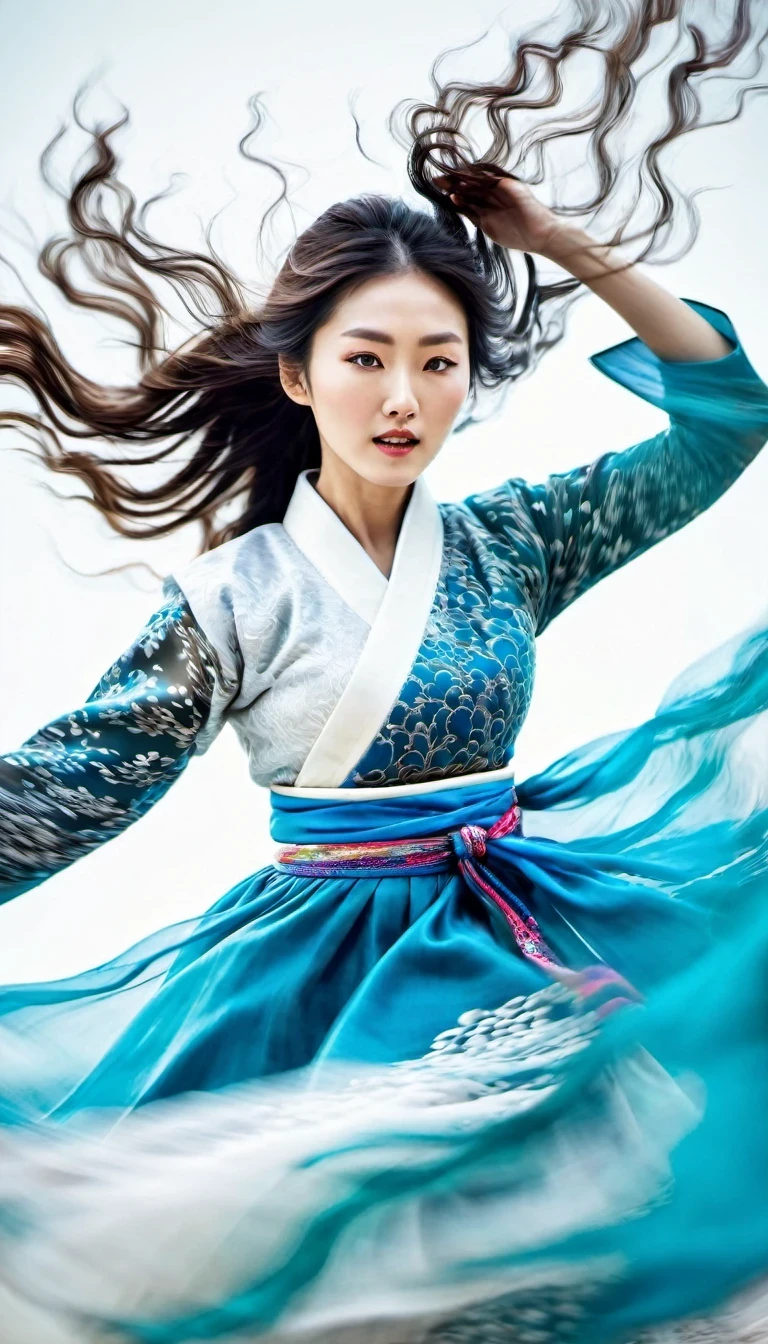 in style of Street photography, beautiful detailed，Motion blur, black and white close up, white background, a woman in an intricate and colorful hanbok dress, spinning frantically, translucent stinging air particles on the hem of the dress, professional fashion photography, super macro, unusually rich and super detailed texture of long wavy hair, poster style, minimalist , tilt shiStreet style, beautifully detailed, motion blur, black and white close-up, blue background, a woman in an intricate and colorful hanbok, spinning frantically, translucent tingling air particles on the hem of her dress, professional fashion photography, super macro, long wavy hair with unusually rich and super-detailed textures, poster style, minimalist, tilted movement of hands and face, Nikon, Hasselblad, Canon, Fuji, 16Kft of hands and face, Nikon, Hasselblad, Canon, Fuji, 16K
