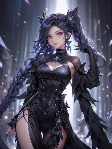 wearing a black elegant hat、rune background、black magician、wearing a black robe、mesmerize、cute woman、elegant hairstyle、indigo ha...