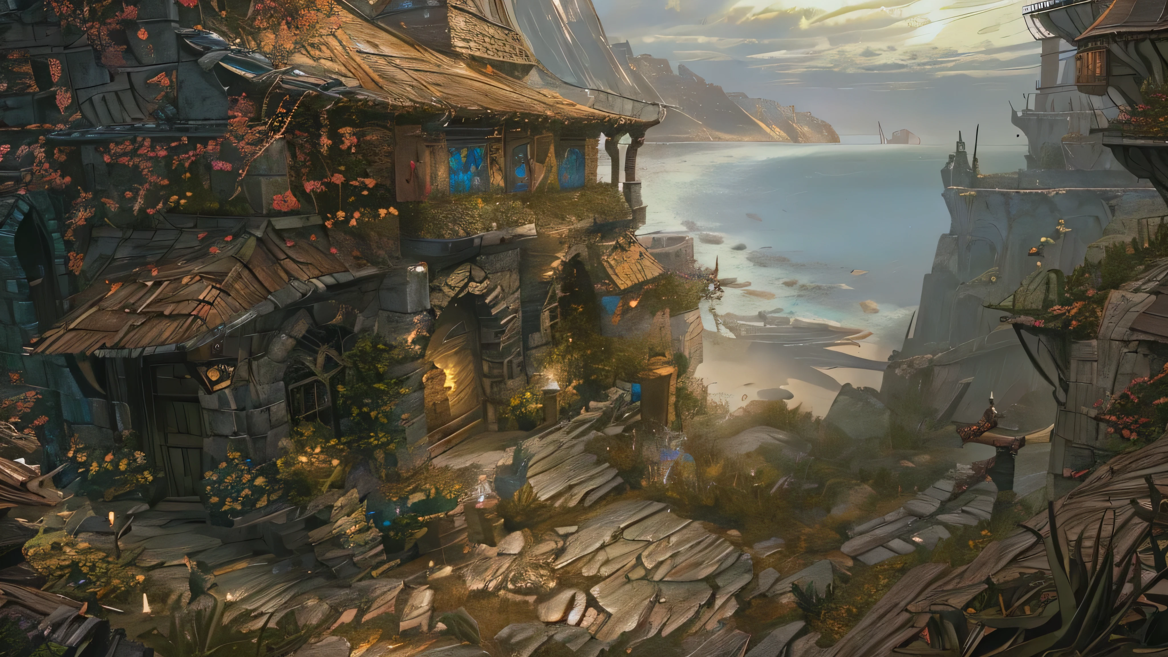 (by Greg Rutkowski: 1.2), (masterpiece), ((best quality)), extremely delicate and beautiful, illustration, warm atmosphere, dynamic lighting, (fantasy landscape), A mesmerizing fantasy landscape with enchanting elements blending seamlessly. ((medieval coastal city (Neverwinter) )), A sense of tranquility and wonder fills the air, inviting exploration and discovery. Providing a distant view that captures the grandeur and atmosphere. From Brian Froud and Carne Griffiths and Wadim Kashin and John William Waterhouse, 8K post-production, high resolution, ((highly detailed)), depth of field, HDR, intricate