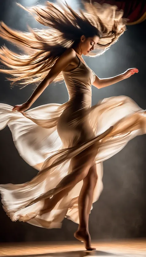 Motion blur portrait, full body portrait, low speed photography of a beautiful woman dancing on a theater stage, flying business...