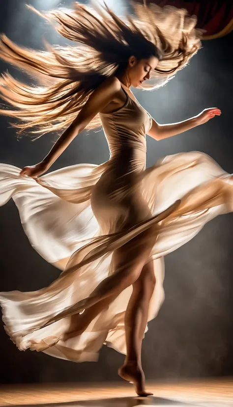 motion blur portrait, full body portrait, low speed photography of a beautiful woman dancing on a theater stage, flying business...