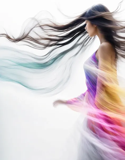 Motion Blur，black and white close up profile view of a woman in a complex colorful dress of misty translucent dormant air partic...