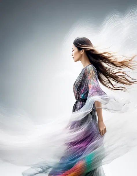 Motion Blur，black and white close up profile view of a woman in a complex colorful dress of misty translucent dormant air partic...