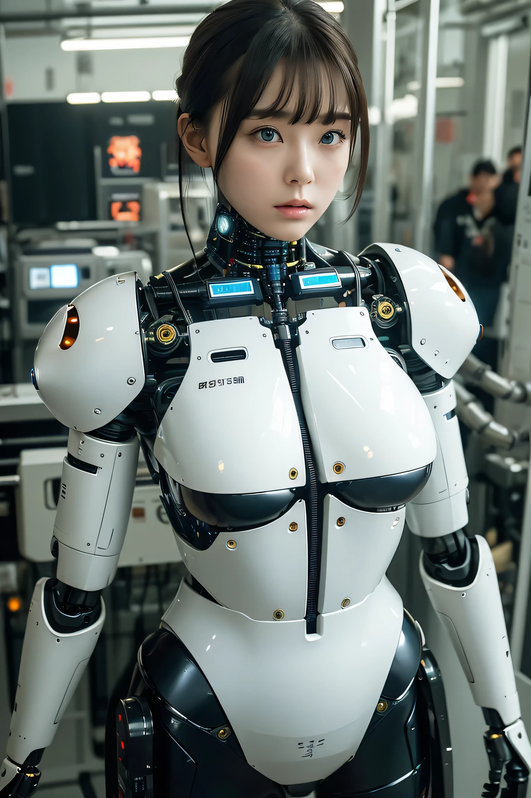 masterpiece, best quality, extremely detailed, Japaese android girl,Plump ,control panels,android,Droid,Mechanical Hand, Robot arms and legs,Blunt bangs,perfect robot girl,long tube,thick cable connected her neck,android,robot,humanoid,cyborg,japanese cyborg girl ,robot-assembly plant,She has assembled now,assembly scene,chest monitor,blue eyes