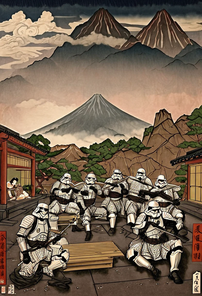 A photorealistic image in the style of a water-ink painting that captures the essence of Japanese Ukiyo-e art. The subject is a group of stormtroopers relaxing in a bathhouse, against a backdrop of clouds or perhaps Mount Fuji. The paper should have an aged, vintage look to give a sense of historical depth. The color palette should be subdued, with low saturation to mimic the traditional Ukiyo-e style. The lines should be fluid and elegant. The atmosphere should be serene. 