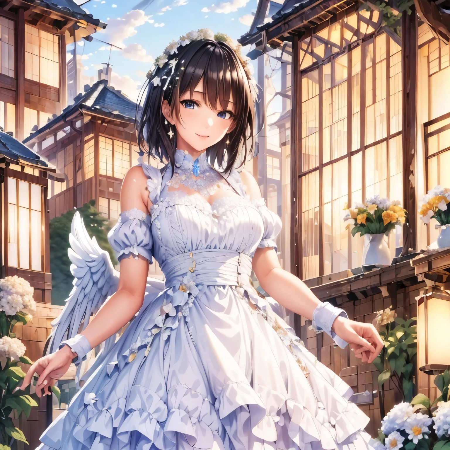 (masterpiece, highest quality, High resolution: 1.4), detailed, intricate detaileds, Beautiful girls, Angel big wings, Flower Hair Ornaments, Overhead glow, Light, garden, kind, Misha, glitter, bouquet, 4K, color splash, line art, art, Fibonacci,Black Hair