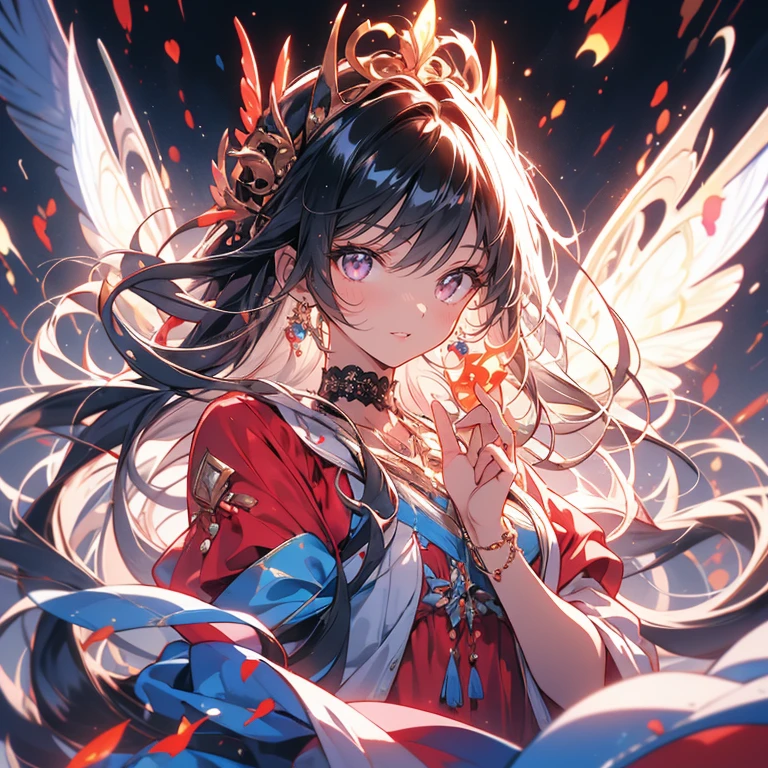 (exquisite, beautiful, very detailed, masterpiece, high quality,High resolution),(soft thin lines:1.2, beautiful and delicate face),In the darkness, a fairy princess knight holds a sword wrapped in flame magic and looks at me.,body whole,from a little far away,butterfly-like fairy wings, The fire is rising,((A red dress with a flame motif,lace and jewels and frills)),(The ends of her hair look like flames,The ends of the hair shine),(earrings,beautiful choker,Gold ankles),(deep pink cheeks,plump pink lips,Fair skin, slim), (serious,battle scene,fantasy),Mature,