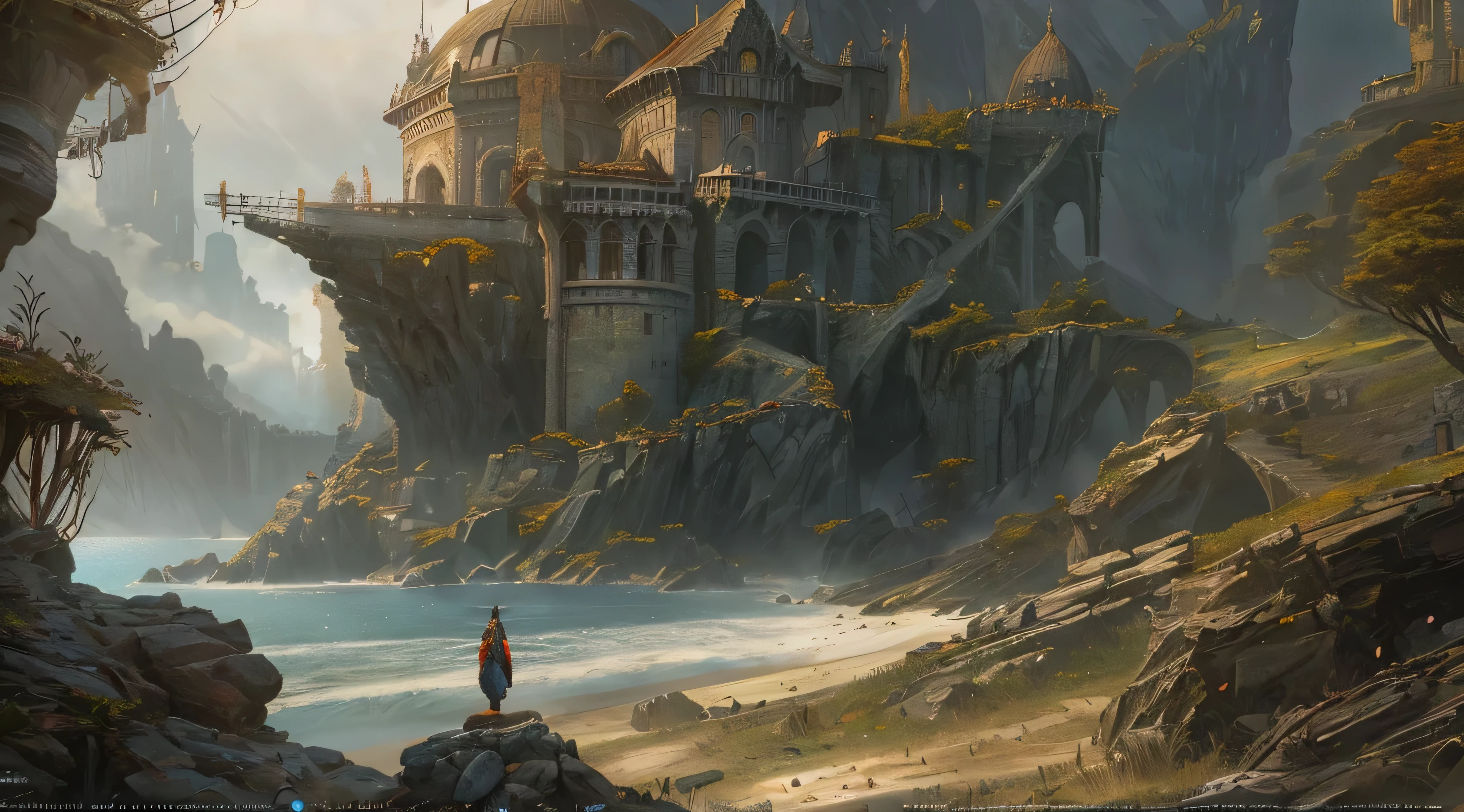 (by Greg Rutkowski: 1.2), (masterpiece), ((best quality)), extremely delicate and beautiful, illustration, warm atmosphere, dynamic lighting, (fantasy landscape), A mesmerizing fantasy landscape with enchanting elements blending seamlessly. ((medieval coastal city (Neverwinter) )), A sense of tranquility and wonder fills the air, inviting exploration and discovery. Providing a distant view that captures the grandeur and atmosphere. From Brian Froud and Carne Griffiths and Wadim Kashin and John William Waterhouse, 8K post-production, high resolution, ((highly detailed)), depth of field, HDR, intricate